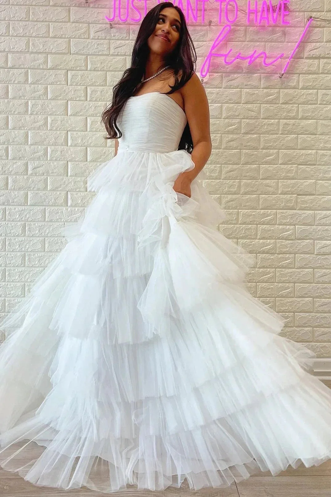 Daleyza |A-Line Strapless Tiered Tulle Prom Dress with Ruffles - Image 2