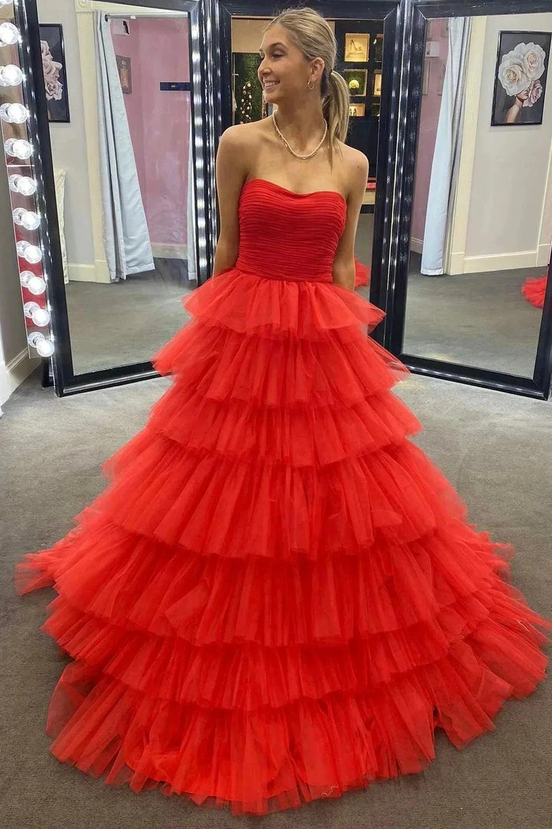 Daleyza |A-Line Strapless Tiered Tulle Prom Dress with Ruffles - Image 5