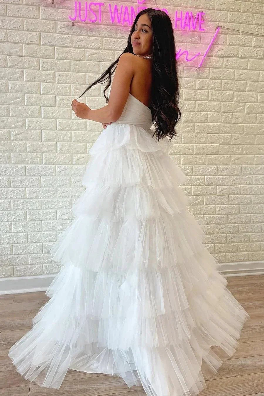 White Strapless Tiered A-Line Long Prom Dress with Ruffles  PSK410 - Image 3