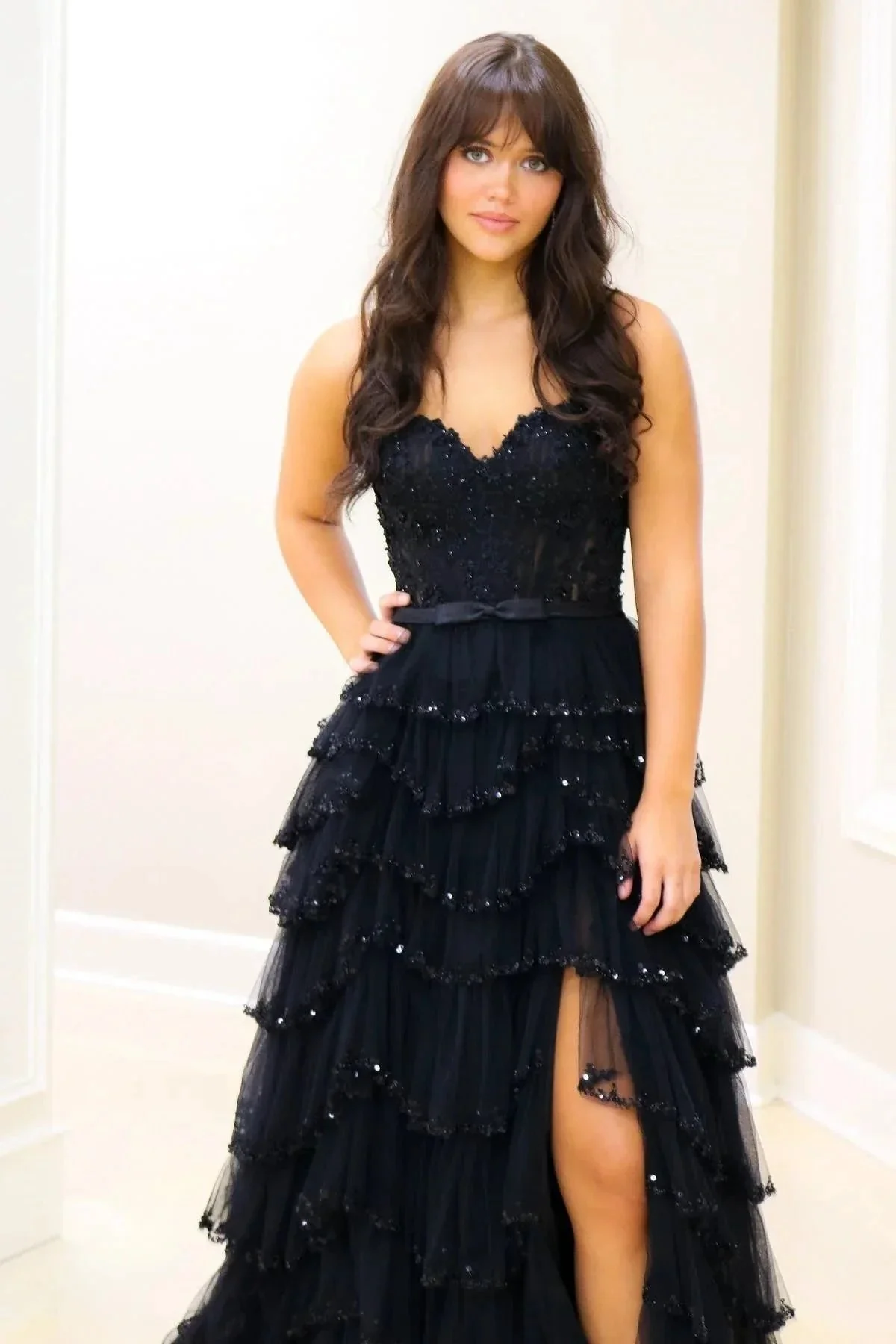 Rebekah | White Straps Floral Sequined Multi-Layers Long Prom Dress with Slit - Image 2