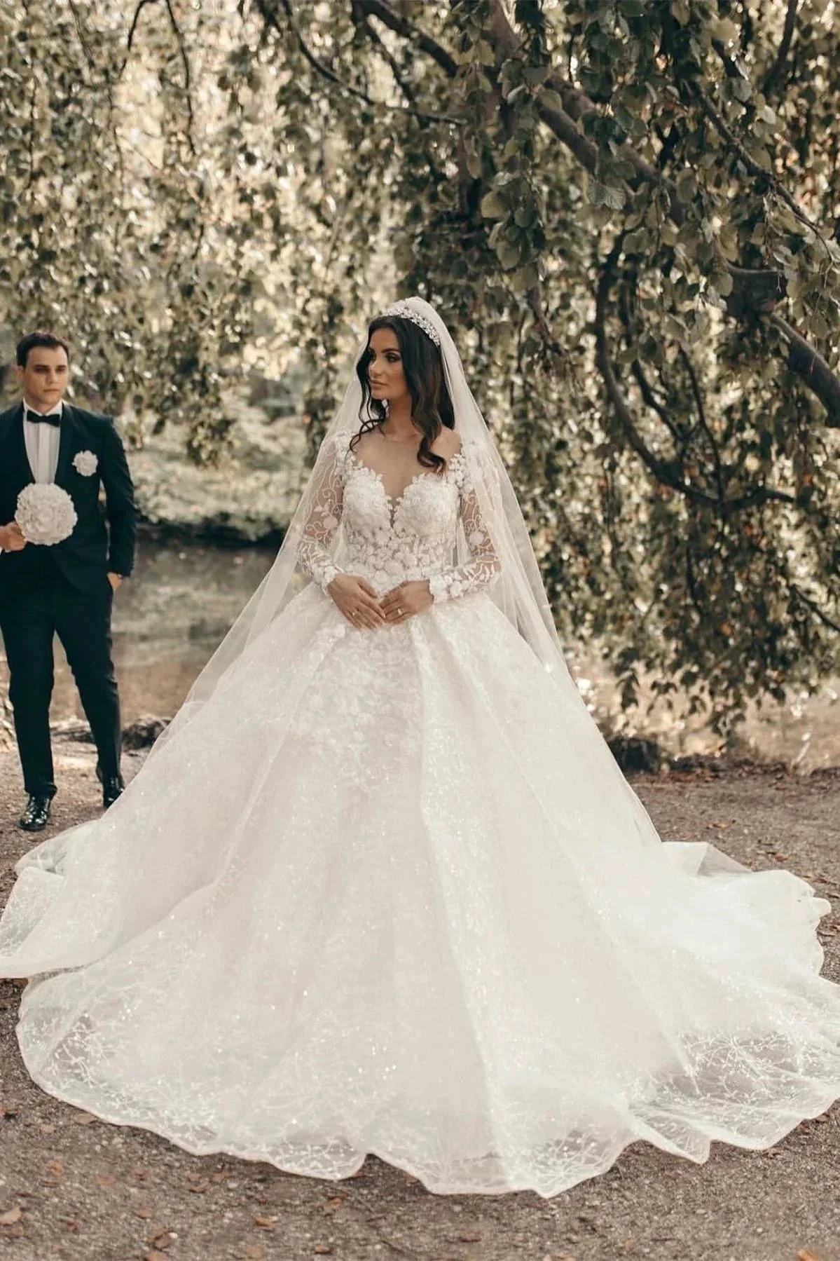 White Sweetheart A-line Long Sleeves Wedding Dress With Lace - Image 6