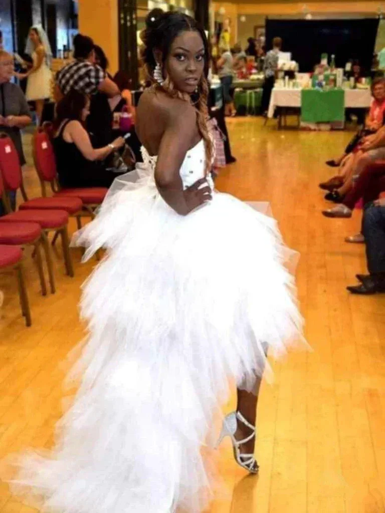 White Tulle High Low Long Prom Dress Formal  Evening Dress Y7849 - Image 2