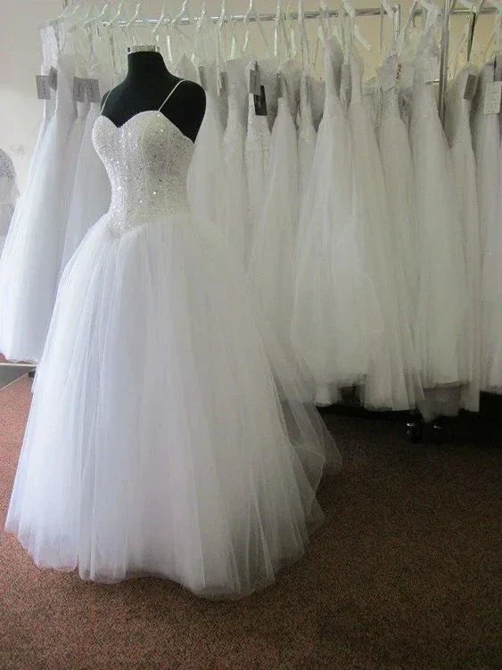 White Tulle Spaghetti Straps Wedding Dress with Sequins Beading Y1176 - Image 2