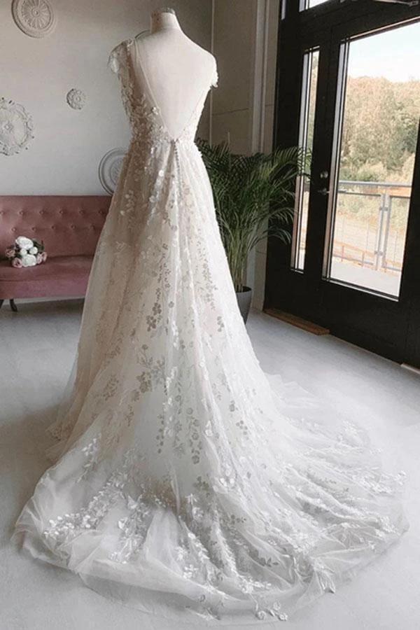 White Tulle V Neck Open Back Long Flower Wedding Dresses WD456 - Image 2