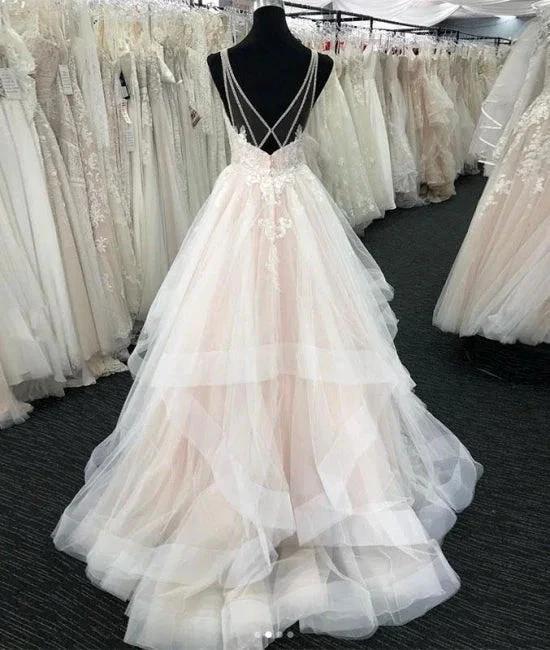 White Tulle V Neck Open Back Long Layered Wedding Dress - Image 2