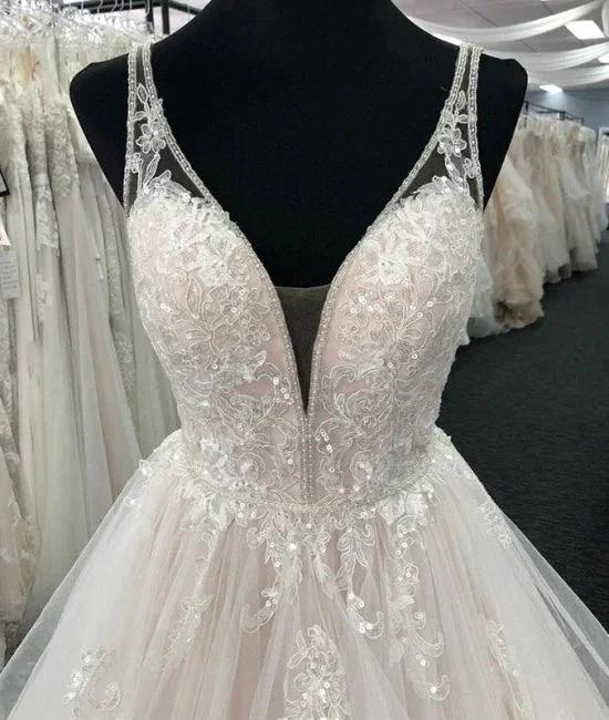 White Tulle V Neck Open Back Long Layered Wedding Dress - Image 3