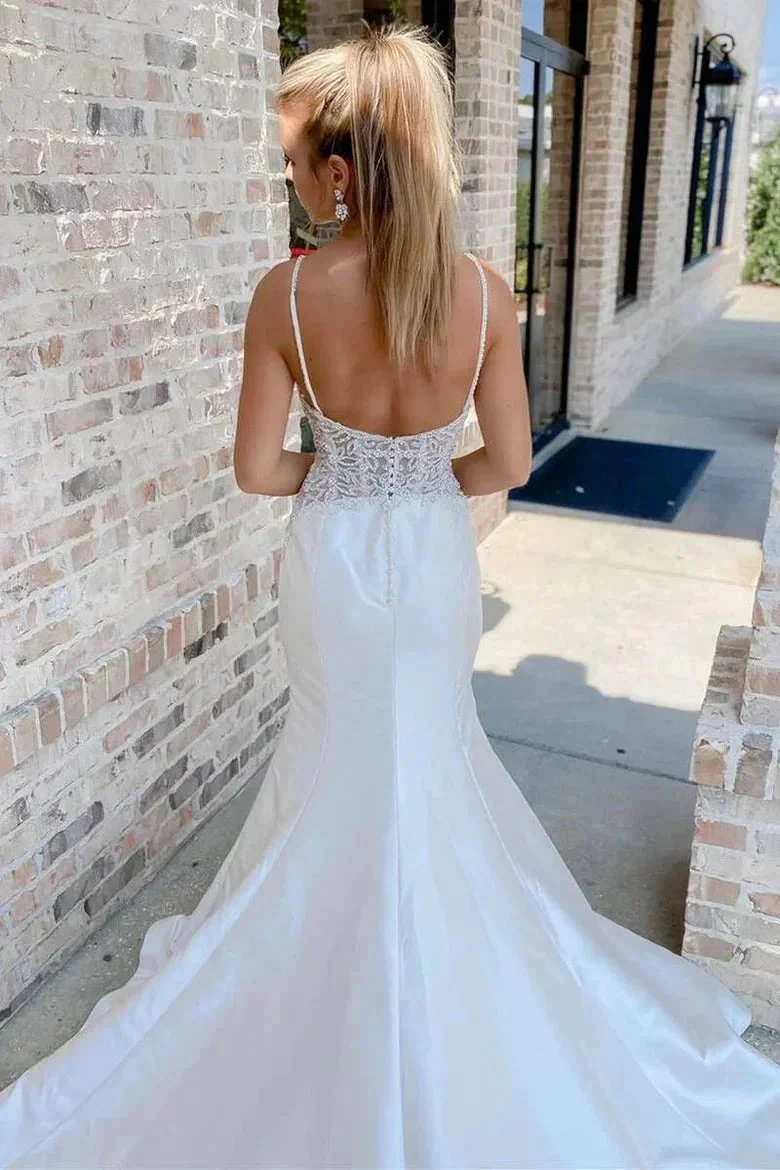 White V-Neck Beading Trumpet Long Wedding Dress Bridal Gown WD661 - Image 5