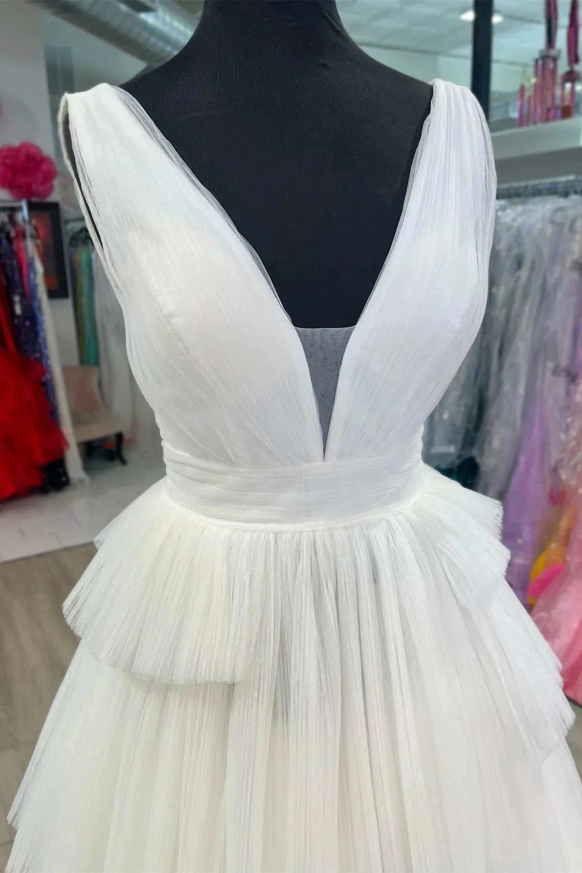Maya | White V-Neck Pleated Layered Long Formal Dress - Image 2