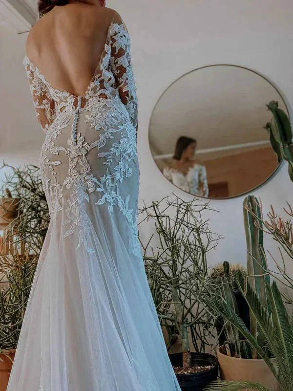 White Wedding Dress Illusion Neckline Long Sleeves Backless Natural Waist Lace With Train Long Bridal Mermaid Dress Y101 - Image 2