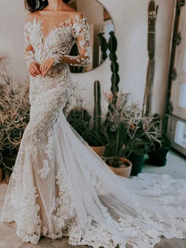 White Wedding Dress Illusion Neckline Long Sleeves Backless Natural Waist Lace With Train Long Bridal Mermaid Dress Y101 - Image 3
