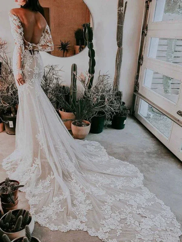 White Wedding Dress Illusion Neckline Long Sleeves Backless Natural Waist Lace With Train Long Bridal Mermaid Dress Y101 - Image 4