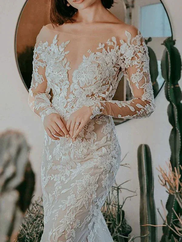White Wedding Dress Illusion Neckline Long Sleeves Backless Natural Waist Lace With Train Long Bridal Mermaid Dress Y101 - Image 5
