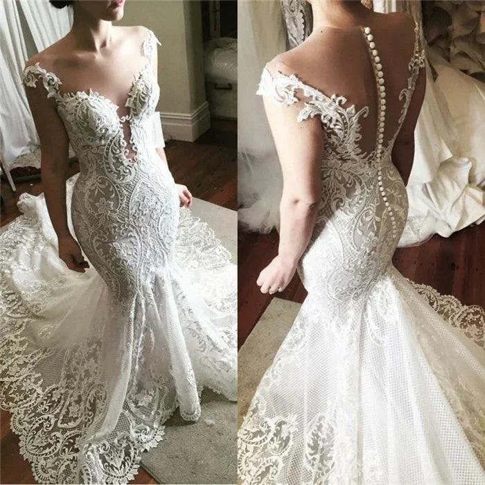 Lace Mermaid Wedding Dress Glamorous Sheer Tulle Bridal Wears with Buttons - Image 2