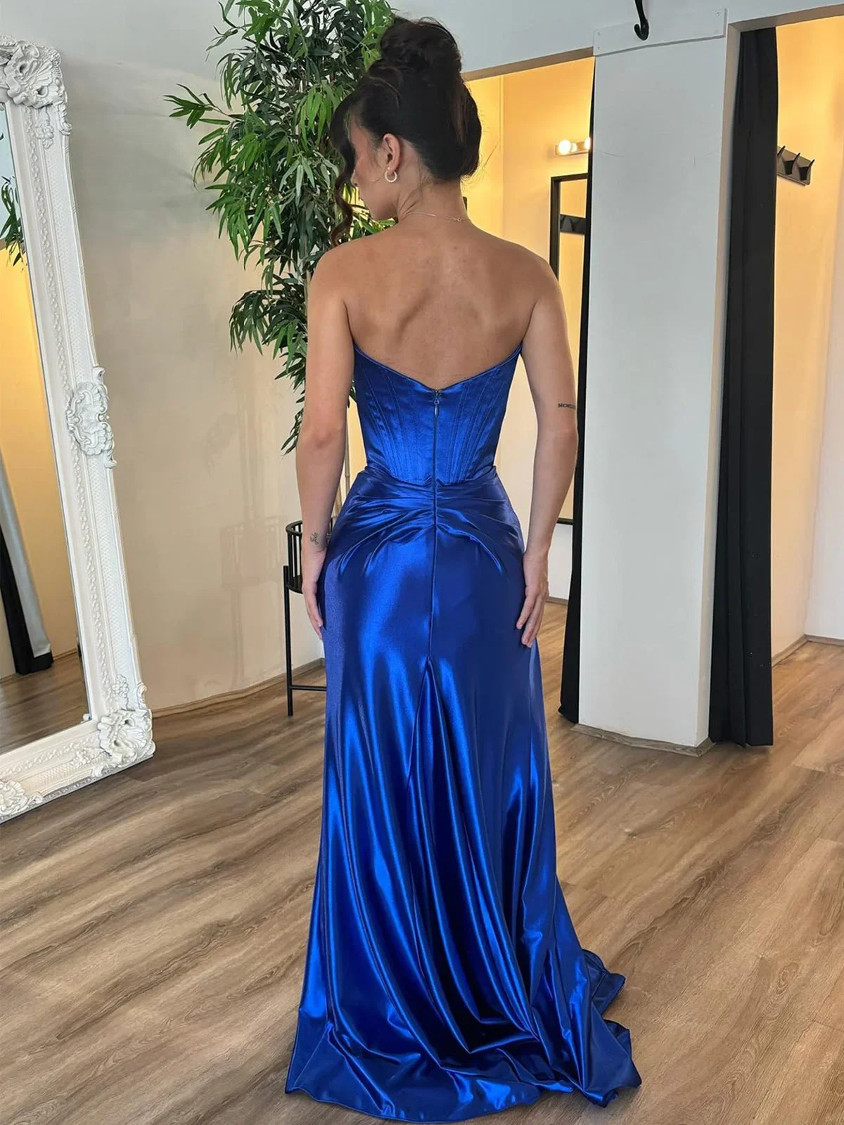 Willa | Royal Blue Strapless Satin Mermaid Prom Dress With Split - Image 3