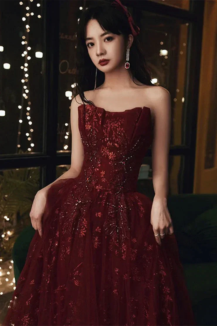 Wine Red Floral Lace and Tulle Long Evening Gown Party Dress Burgundy Formal Dresses Y1661 - Image 2