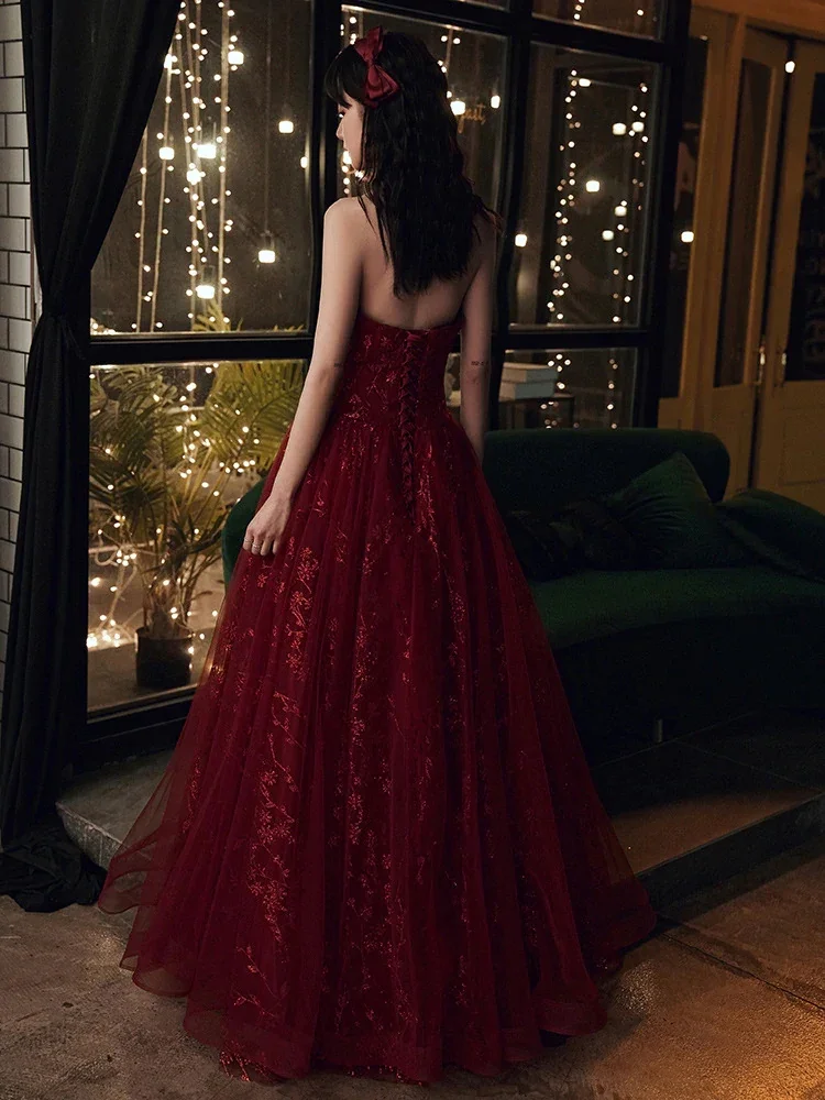 Wine Red Floral Lace and Tulle Long Evening Gown Party Dress Burgundy Formal Dresses Y1661 - Image 3