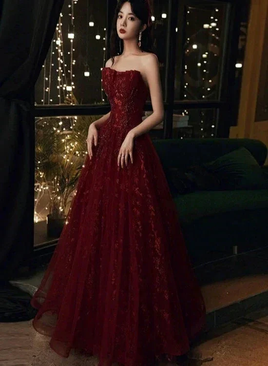 Wine Red Floral Lace and Tulle Long Evening Gown Party Dress Burgundy Formal Dresses Y1661 - Image 4