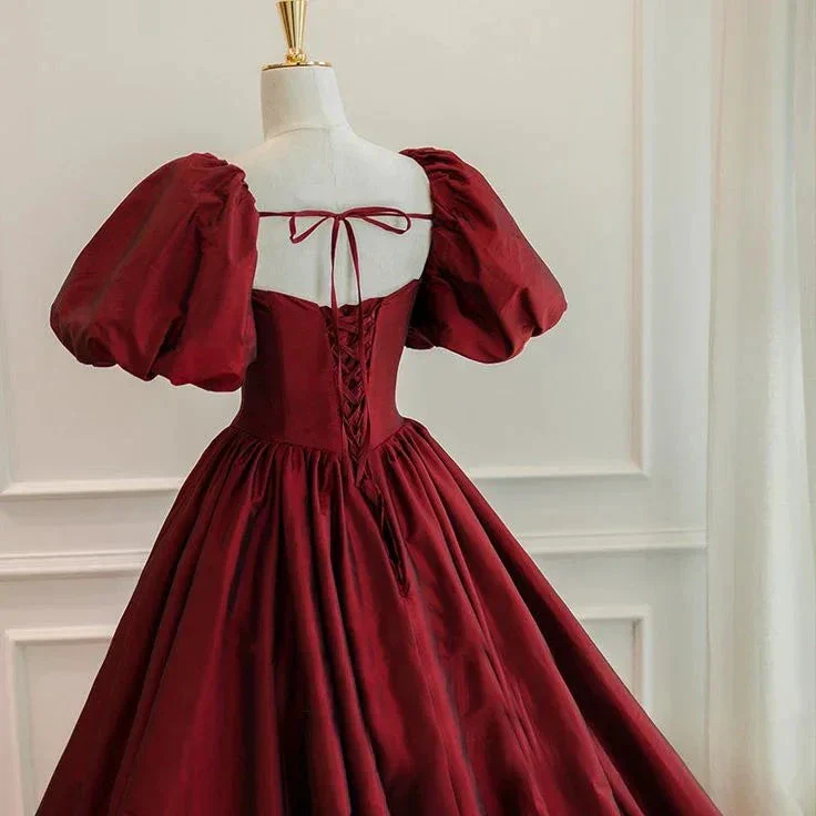 Wine Red Short Sleeves Floor Length Long Evening Dresses, Ball Gown Formal Dresses Y6973 - Image 3