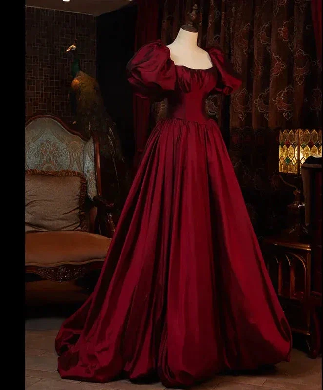 Wine Red Short Sleeves Floor Length Long Evening Dresses, Ball Gown Formal Dresses Y6973 - Image 4