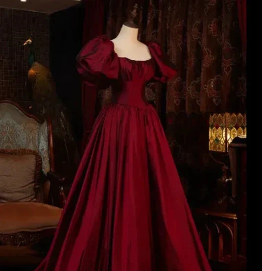 Wine Red Short Sleeves Floor Length Long Evening Dresses, Ball Gown Formal Dresses Y6973 - Image 5