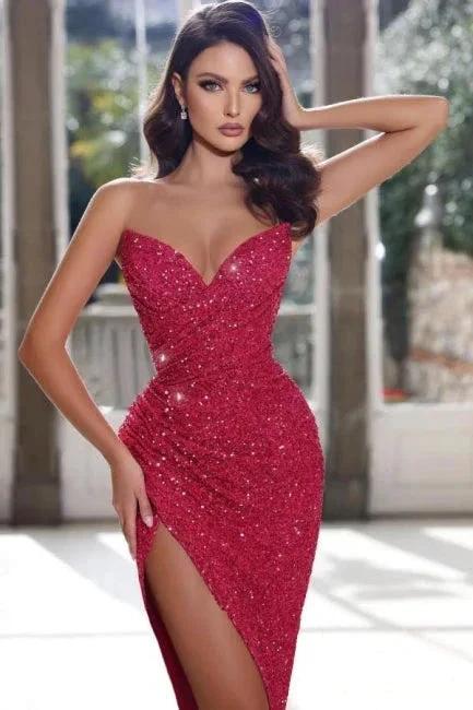 Wine Red Simple Sweetheart Column Prom Dress with Split - Image 2