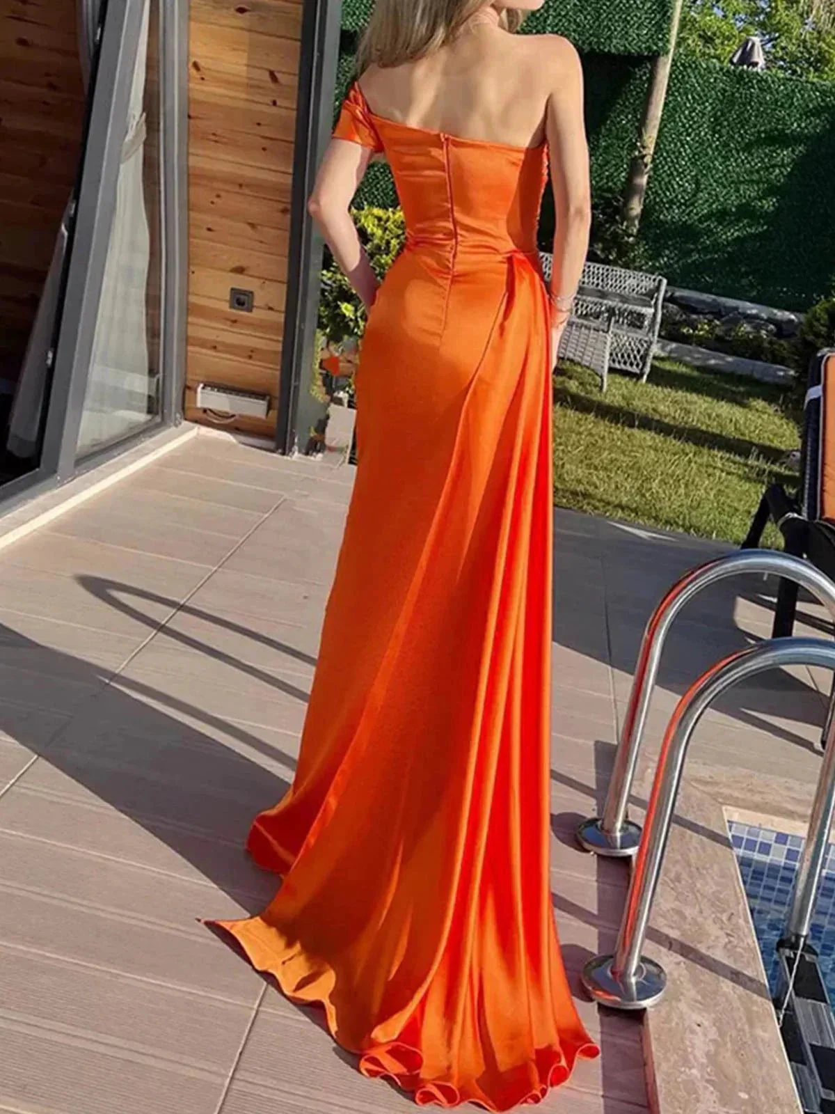 Winston | Orange Mermaid Pleated Satin Empire-Waist Long Prom Dress - Image 2