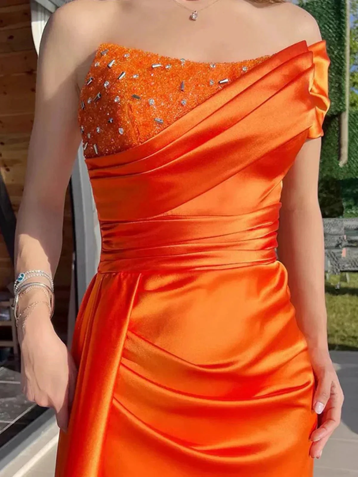 Winston | Orange Mermaid Pleated Satin Empire-Waist Long Prom Dress - Image 3