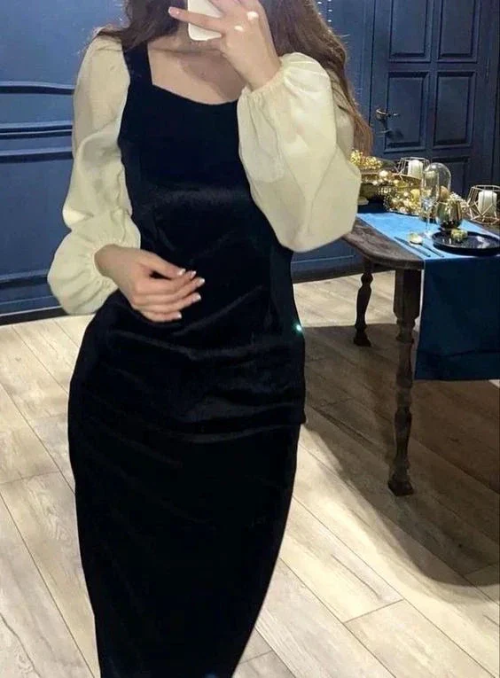 Winter V-Neck Elegant Black Stitching Velvet Dress Female Retro High Waist Puff Sleeves Evening Dress Y5673 - Image 3