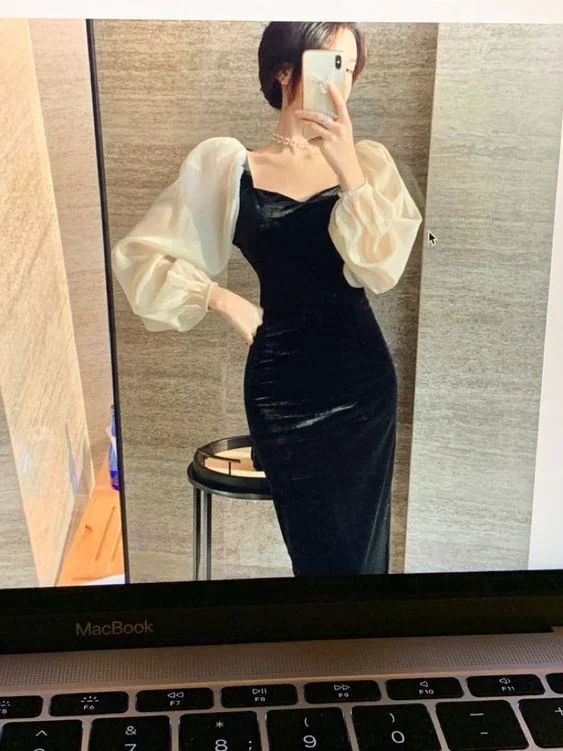 Winter V-Neck Elegant Black Stitching Velvet Dress Female Retro High Waist Puff Sleeves Evening Dress Y5673 - Image 4