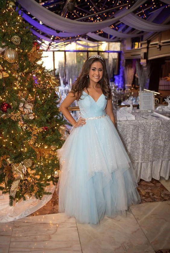 Winter Wonderland Blue Ball Dress A-line V Blue Neck Tulle Evening Dress Y307 - Image 2
