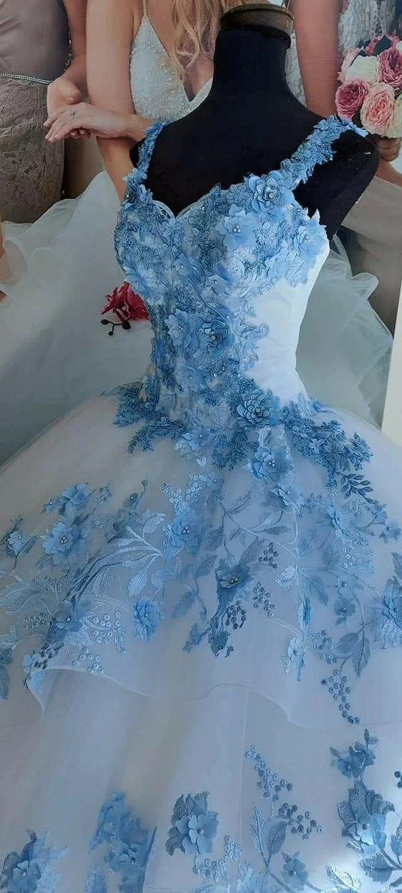 Winter Wonderland Blue Flowers And White Tulle Ball Gown,Sweet 16 Dress Y758 - Image 2