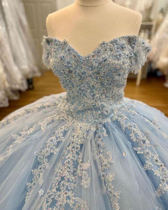 Winter Wonderland Blue Gown Dress Off The Shoulder Tulle Lace Appliques Ball Gown Y306 - Image 2