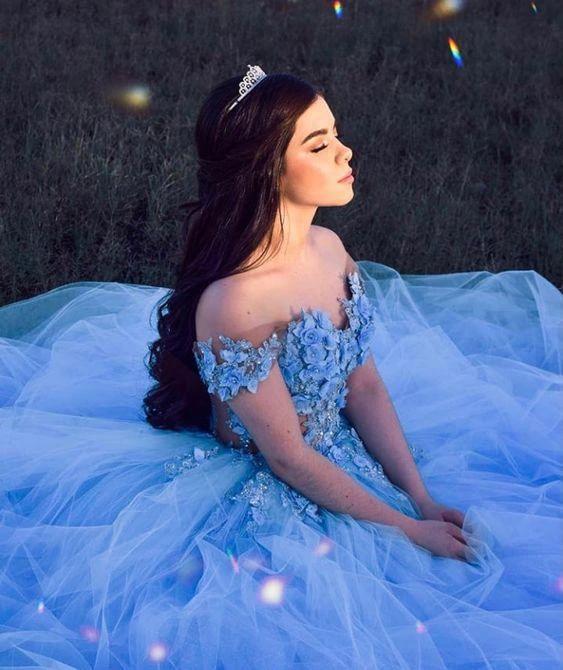 Winter Wonderland Blue Tulle Prom Dress Off The Shoulder Blue Evening Dress  Y1092 - Image 2