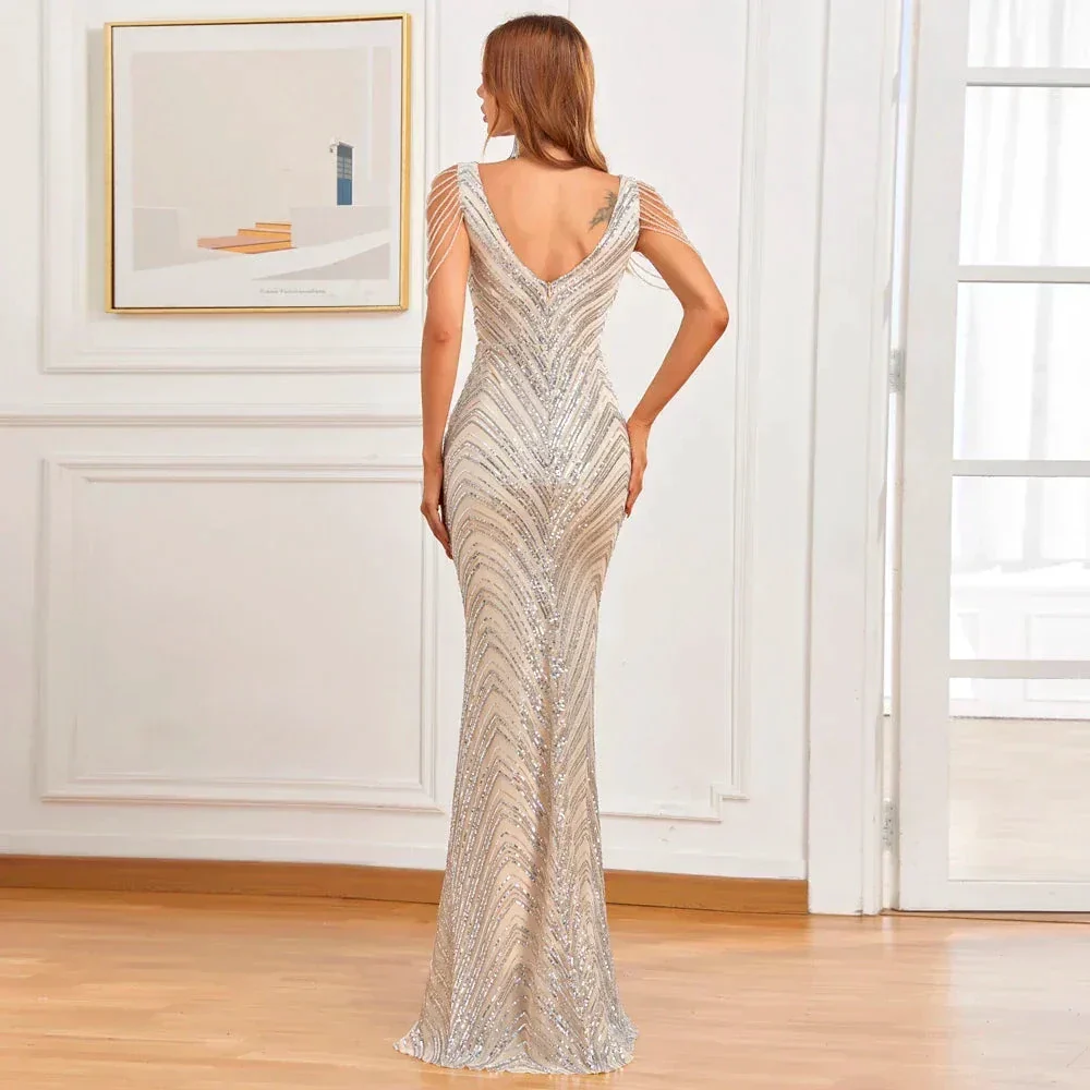 Women Beading Dress Long Prom Dress Deep V Neck Silver Sequin Evening Dress Sexy Party Maxi Dress 18691 - Image 3