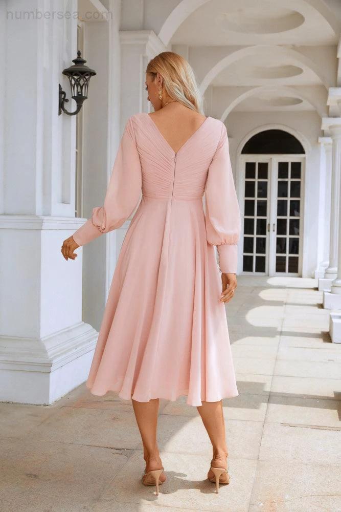 Women Chiffon V Neck Long Sleeves Knee Length Bridesmaid Prom Evening Dress Wedding Party Shopping SY28107 - Image 2