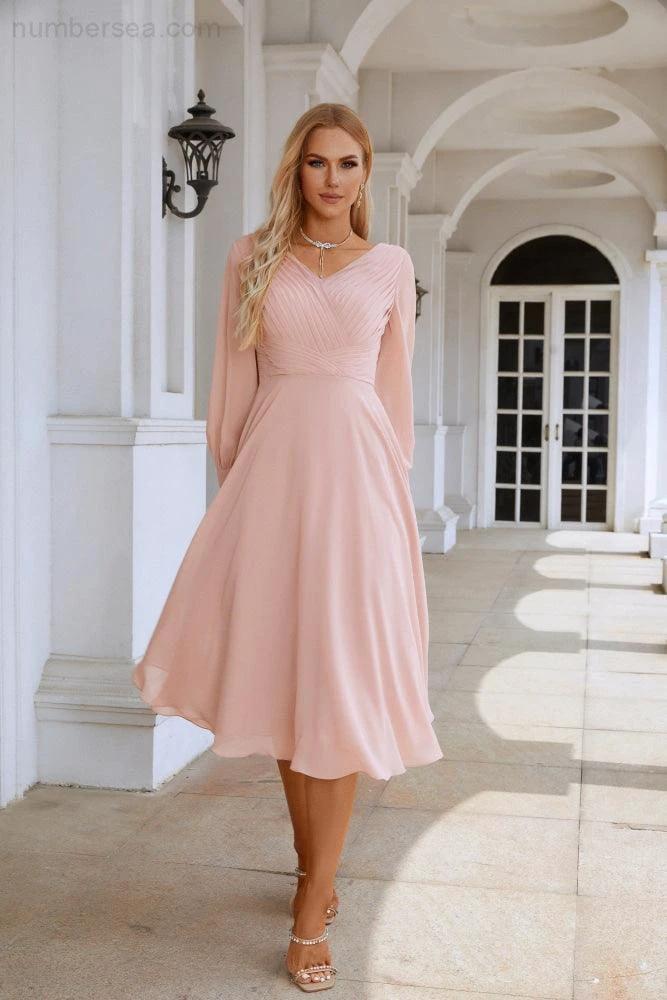 Women Chiffon V Neck Long Sleeves Knee Length Bridesmaid Prom Evening Dress Wedding Party Shopping SY28107 - Image 3
