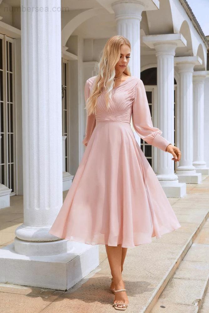 Women Chiffon V Neck Long Sleeves Knee Length Bridesmaid Prom Evening Dress Wedding Party Shopping SY28107 - Image 4