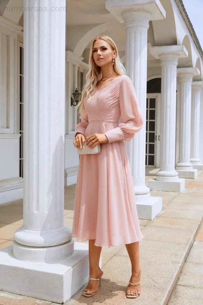 Women Chiffon V Neck Long Sleeves Knee Length Bridesmaid Prom Evening Dress Wedding Party Shopping SY28107 - Image 5