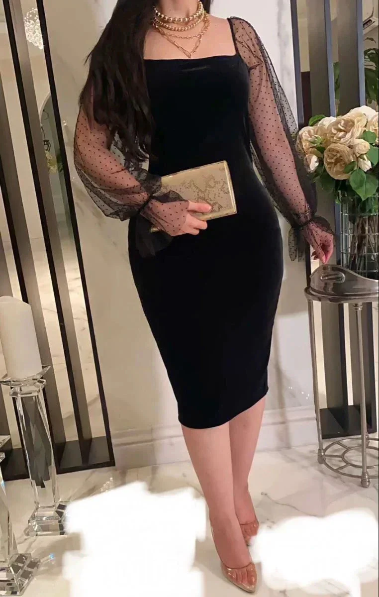 Women Elegant Lantern Sleeve Mesh Patchwork Midi Formal Party Dress Black Short Homecoming Dress Y5529 - Image 2