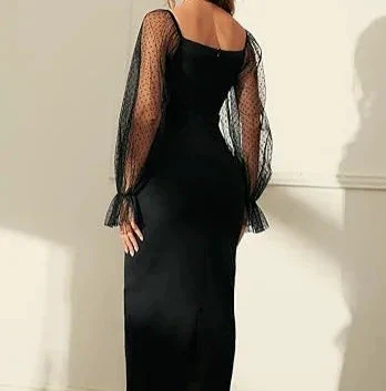 Women Elegant Lantern Sleeve Mesh Patchwork Midi Formal Party Dress Black Short Homecoming Dress Y5529 - Image 3