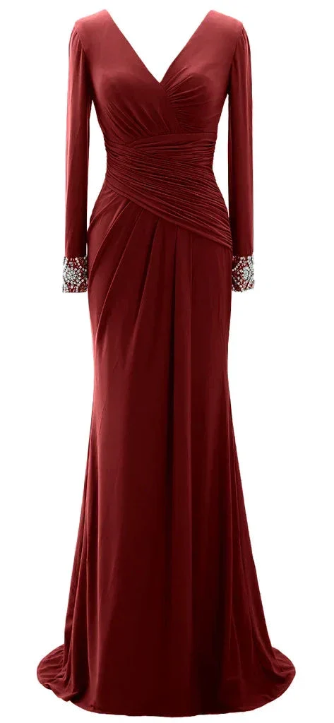 Women Long Mother of Bride Dresses Long Sleeve V Neck Evening Dress Y785 - Image 6