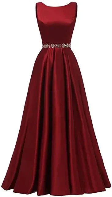 Women Long Prom Dress Satin A-Line with Beaded Belt Formal Evening Gown Y5483 - Image 2