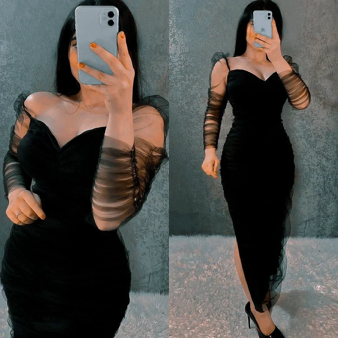 Women Outfit Black Mesh Long Sleeves Sheath Prom Dress Black Cocktail Dress Y5549 - Image 2