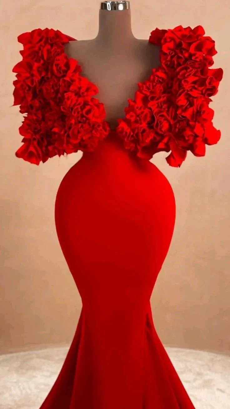 Women Red Long Evening Dress Mermaid Formal Dress Ruffles Cloud Shoulder Y4932 - Image 2