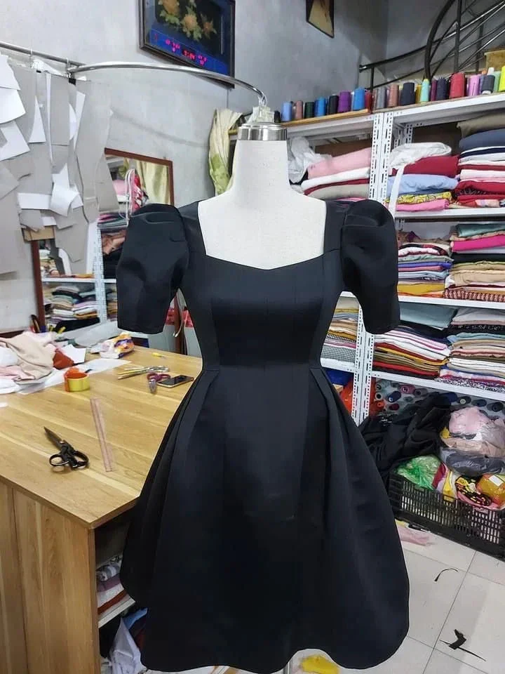 Women Retro Black Puff Sleeve Midi Dress Square Collar A-line Homecoming Dress Y4960 - Image 2