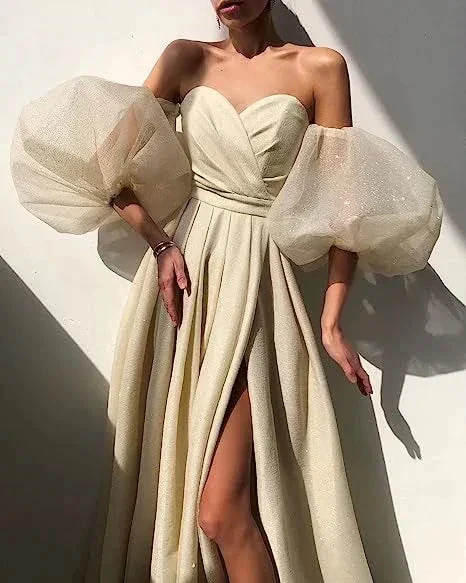 Women's Puffy Sleeve Prom Dresses with Slit Glitter Romantic Fairy Long Evening Gown ,Y2420 - Image 2