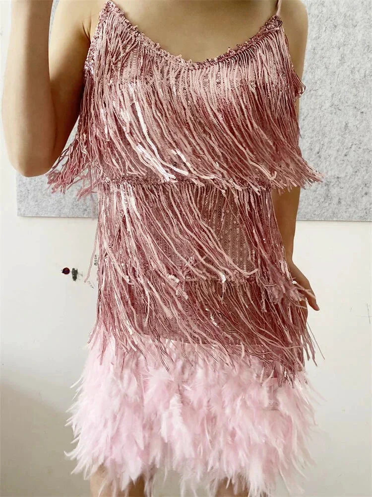 Women Sexy Feather Sparkly Tassel Dress Pink Sequin Fringe Dance Flapper Dress Summer Formal Dress,Pink Homecoming Dress Y2470 - Image 2
