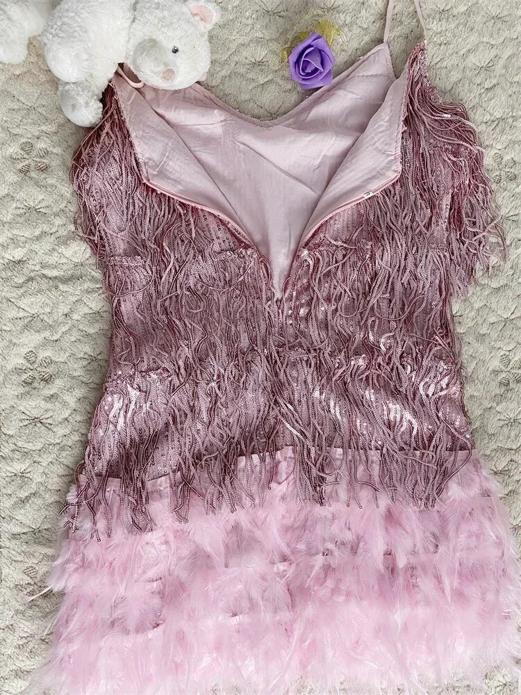 Women Sexy Feather Sparkly Tassel Dress Pink Sequin Fringe Dance Flapper Dress Summer Formal Dress,Pink Homecoming Dress Y2470 - Image 4