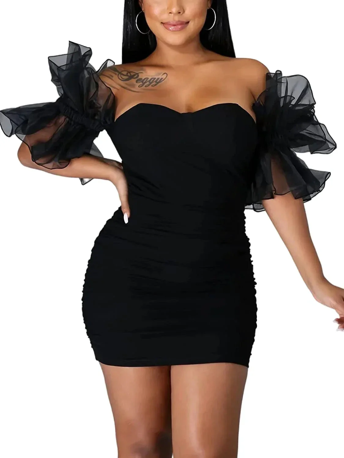 Women Sexy Puff Sleeve Ruffles Dress Mesh Off Shoulder Mini Party Dress Short Black Homecoming Dress Y786 - Image 3