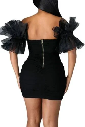 Women Sexy Puff Sleeve Ruffles Dress Mesh Off Shoulder Mini Party Dress Short Black Homecoming Dress Y786 - Image 4